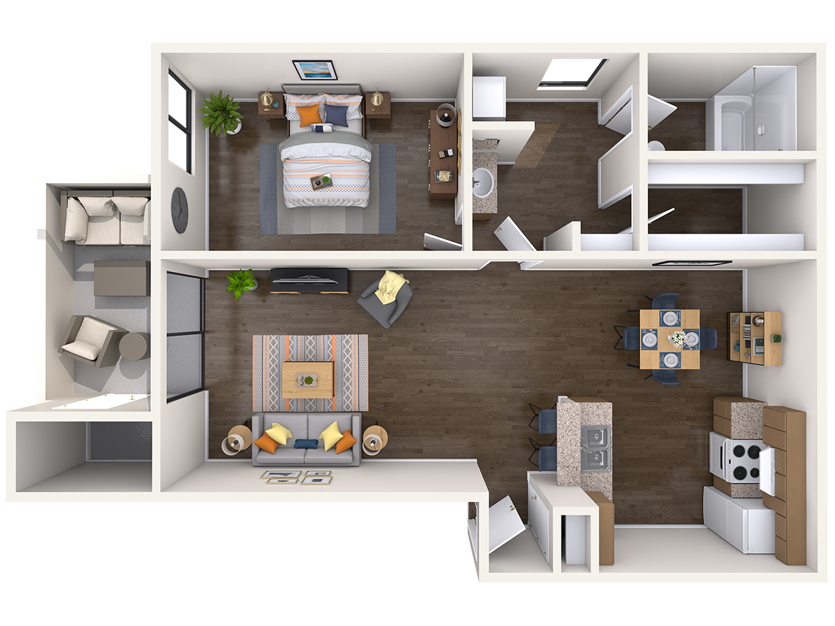 Floor plan for 1 bed, 1 bath, 772 sqft